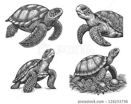 Sea Turtle engraving set vector collection 128253736