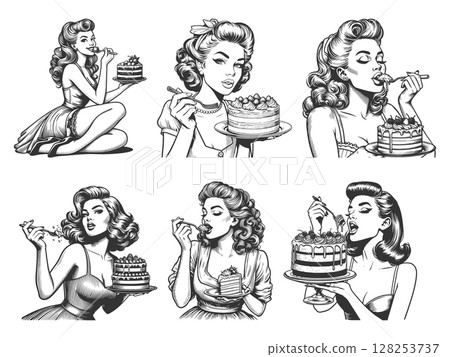 Pin-Up Women Eating Cake engraving set vector Pin-Up Women Eating Cake engraving set vector 128253737