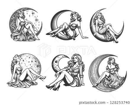 Pin-Up Girl Sitting on Crescent Moon set vector Pin-Up Girl Sitting on Crescent Moon set vector 128253740