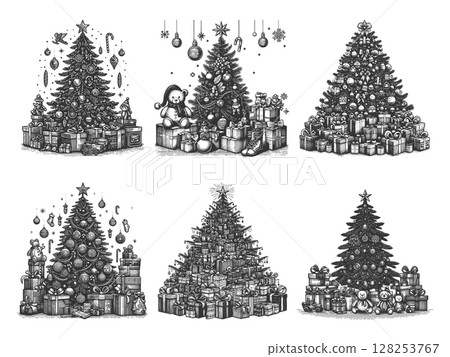 Christmas Trees with Gifts and Decorations raster 128253767