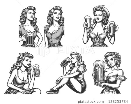 Pin-Up Girl Drinking Beer engraving set vector 128253784