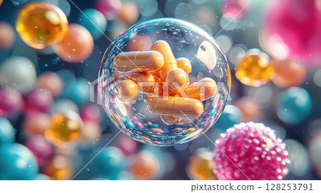 Various vitamins and gel capsules float inside clear, suspended glass orb as if in zero gravity, representing advancements in modern health and wellness solutions 128253791