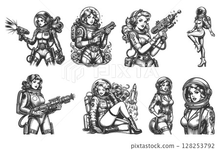 Pin-Up Female Astronaut set raster collection 128253792
