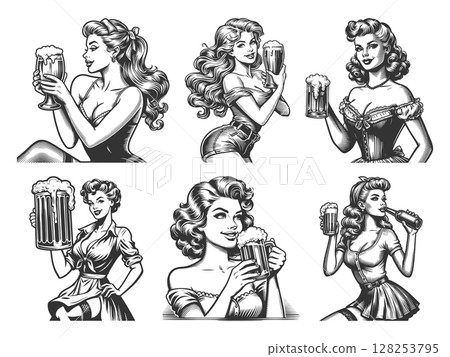 Pin-Up Girl Drinking Beer engraving set vector Pin-Up Girl Drinking Beer engraving set vector 128253795