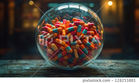 Various colorful vitamins and gel capsules float inside transparent orb, creating surreal atmosphere symbolizes advancements in health orb appears defy gravity 128253801