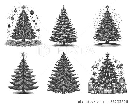 Christmas Trees with Gifts and Decorations raster 128253806