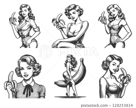 Pin-Up Girl Eating Banana engraving set vector 128253814