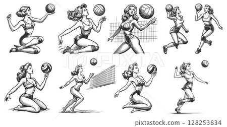 Pin-Up Women Playing Volleyball engraving raster 128253834