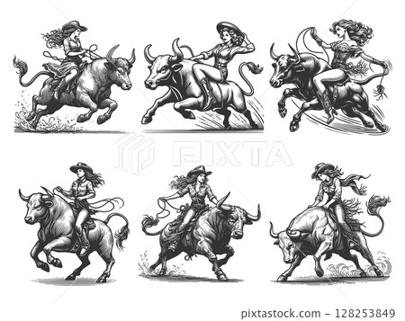 Cowgirl Riding Bull in Rodeo set raster collection 128253849