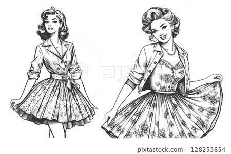 Woman in 1950s Dress engraving vector collection Woman in 1950s Dress engraving vector collection 128253854