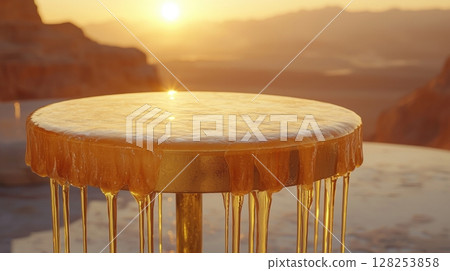 Melting vitamin capsules drip off golden table, set against dreamlike desert landscape glowing sun through mist, evoking surreal atmosphere of wonder 128253858