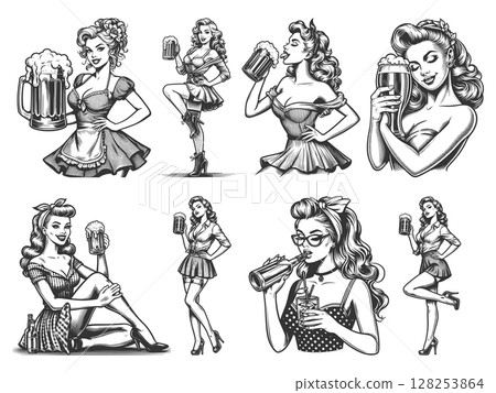 Pin-Up Girl Drinking Beer engraving set raster 128253864