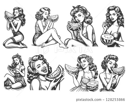 Pin-Up Girls Enjoying Watermelon set raster 128253866