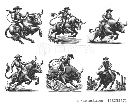 Bull Riding Cowboy Rodeo engraving set raster 128253871