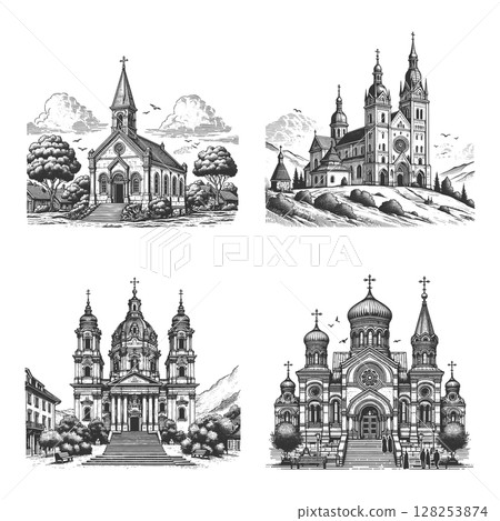 Historic Churches engraving set raster collection 128253874