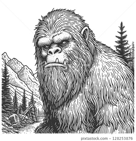 Yeti in Mountain Forest sketch raster illustration Yeti in Mountain Forest sketch raster illustration 128253876