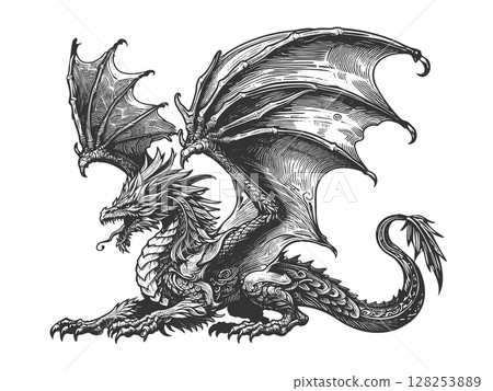Dragon engraving sketch raster illustration 128253889