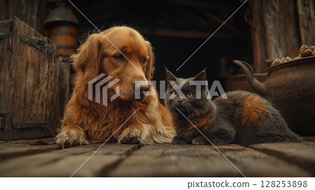 In charming rustic kitchen wooden floors, Golden Retriever and Maine Coon cat enjoy drinking from large stainless steel water fountain, showcasing their friendship 128253898