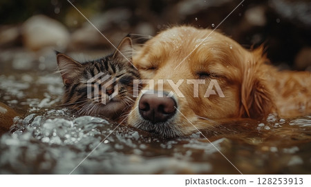 gentle Golden Retriever and Maine Coon cat enjoy drinking together from large stainless steel fountain in charming kitchen warm wooden floors, creating heartwarming atmosphere 128253913