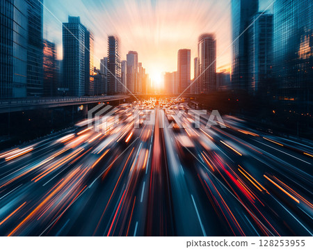 Artificial intelligence. Long exposure. Highway in the city at sunset.  128253955