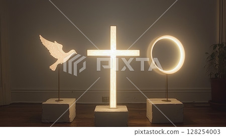 Three symbolic elements depict Trinity radiant cross for Jesus, luminous circle for God Father, and softly glowing dove silhouette for Holy Spirit, creating serene atmosphere 128254003