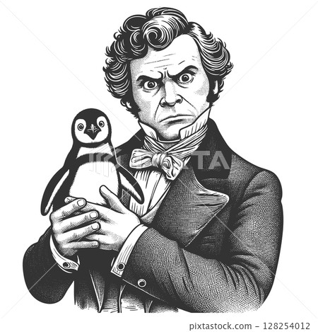 Man with Penguin engraving vector illustration 128254012