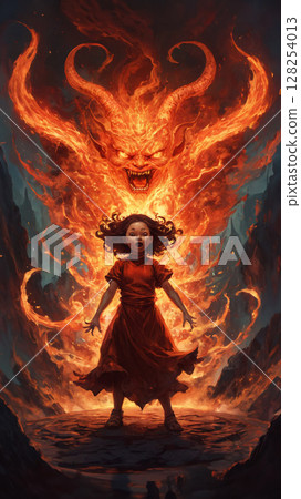 Fire Demon Behind Little Girl. Artificial Intelligence.  128254013