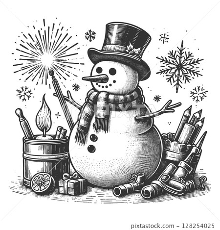 Snowman with Fireworks and Holiday Decor raster Snowman with Fireworks and Holiday Decor raster 128254025