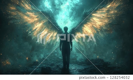 fallen angel stands on crumbling mountaintop, his torn wings scattered in wind His eyes show deep sorrow and defiance as he gazes upwards Ethereal light surrounds him 128254032
