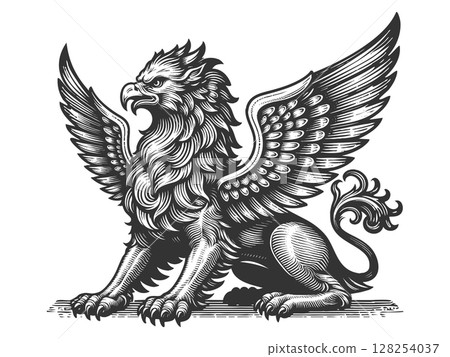Heraldic Griffin engraving raster illustration Heraldic Griffin engraving raster illustration 128254037