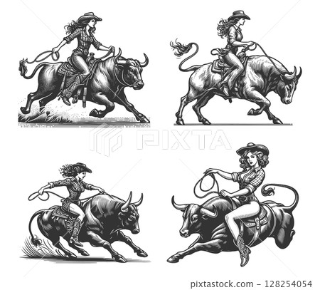 Cowgirl Riding Bull in Rodeo set raster collection Cowgirl Riding Bull in Rodeo set raster collection 128254054