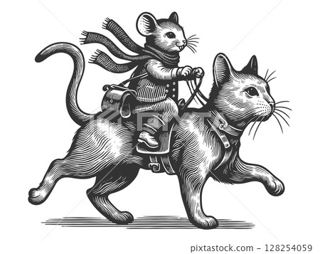 Mouse Riding a Cat engraving raster illustration 128254059