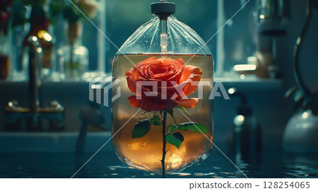 single red rose fully submerged in IV bag filled deep crimson liquid captures essence of passion Its petals curl, creating hauntingly beautiful visual in dimly lit space 128254065