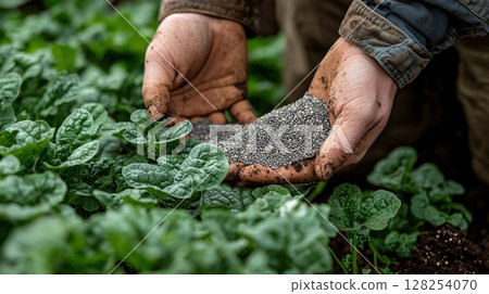 farmer gently pours seeds from packet into their hands, preparing for planting in green field filled young plants soil is rich and dark, showcasing connection earth 128254070