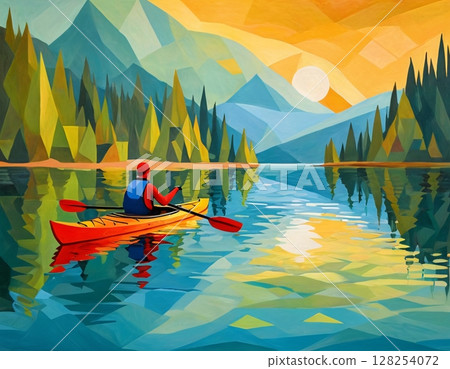 Graphic image of a man kayaking on a lake in the mountains.  128254072