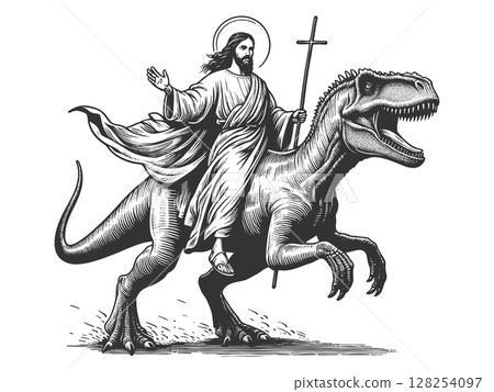 Jesus Riding Dinosaur engraving sketch raster Jesus Riding Dinosaur engraving sketch raster 128254097