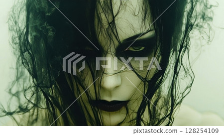 Atropos, eldest Fate, dressed in shadowy robes, holds silver shears poised sever glowing thread of destiny in stark white background, exuding solemn wisdom 128254109