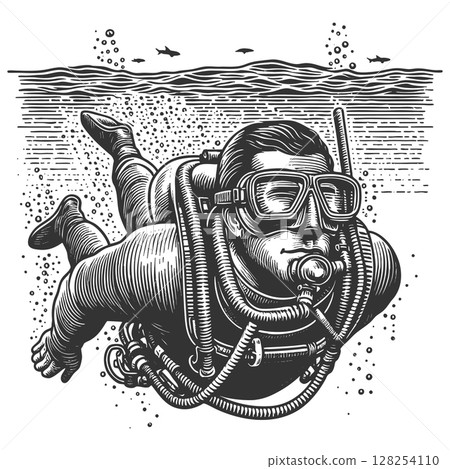 Scuba Diver Underwater sketch raster illustration 128254110
