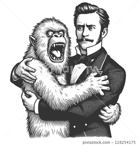 Gentleman Hugging Yeti Furry Monster vector Gentleman Hugging Yeti Furry Monster vector 128254175