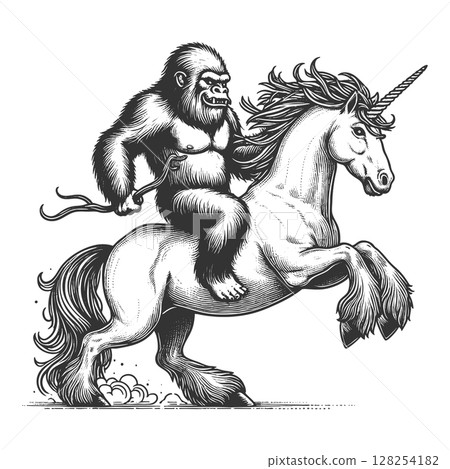 Yeti Riding a Unicorn in Surreal sketch raster 128254182