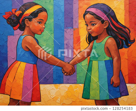 Image of two girls holding hands. Artificial intelligence.  128254183