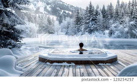 A man bathes in a wooden tub in winter.  128254257