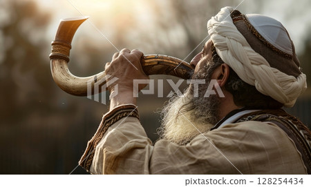 Jewish rabbi blows shofar. Yom Kippur.  128254434