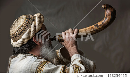 Jewish rabbi blows shofar. Yom Kippur. Jewish rabbi blows shofar. Yom Kippur. 128254435