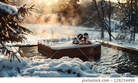 Caucasian couple bathing in a wooden tub in winter.  128254499