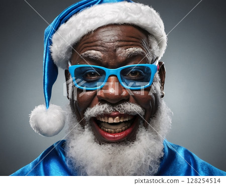 Portrait of stylish afro american santa claus on blue background. Portrait of stylish afro american santa claus on blue background. 128254514
