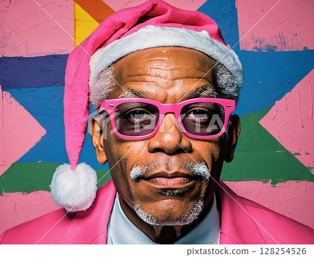 Portrait of stylish afro american santa claus with rainbow flag.  128254526
