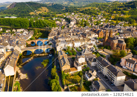 Panoramic view from above on the city Espalion and river Lot 128254621