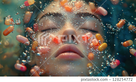 human face gradually dissolves into vibrant vitamin capsules float like bubbles surreal composition evokes deep thoughts about identity and existence as they drift upward into infinity 128254772