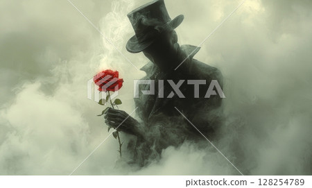 In surreal setting, faceless magician in black suit and top hat delicately holds red rose petals dissolve into wisps of smoke, creating mystical aura 128254789